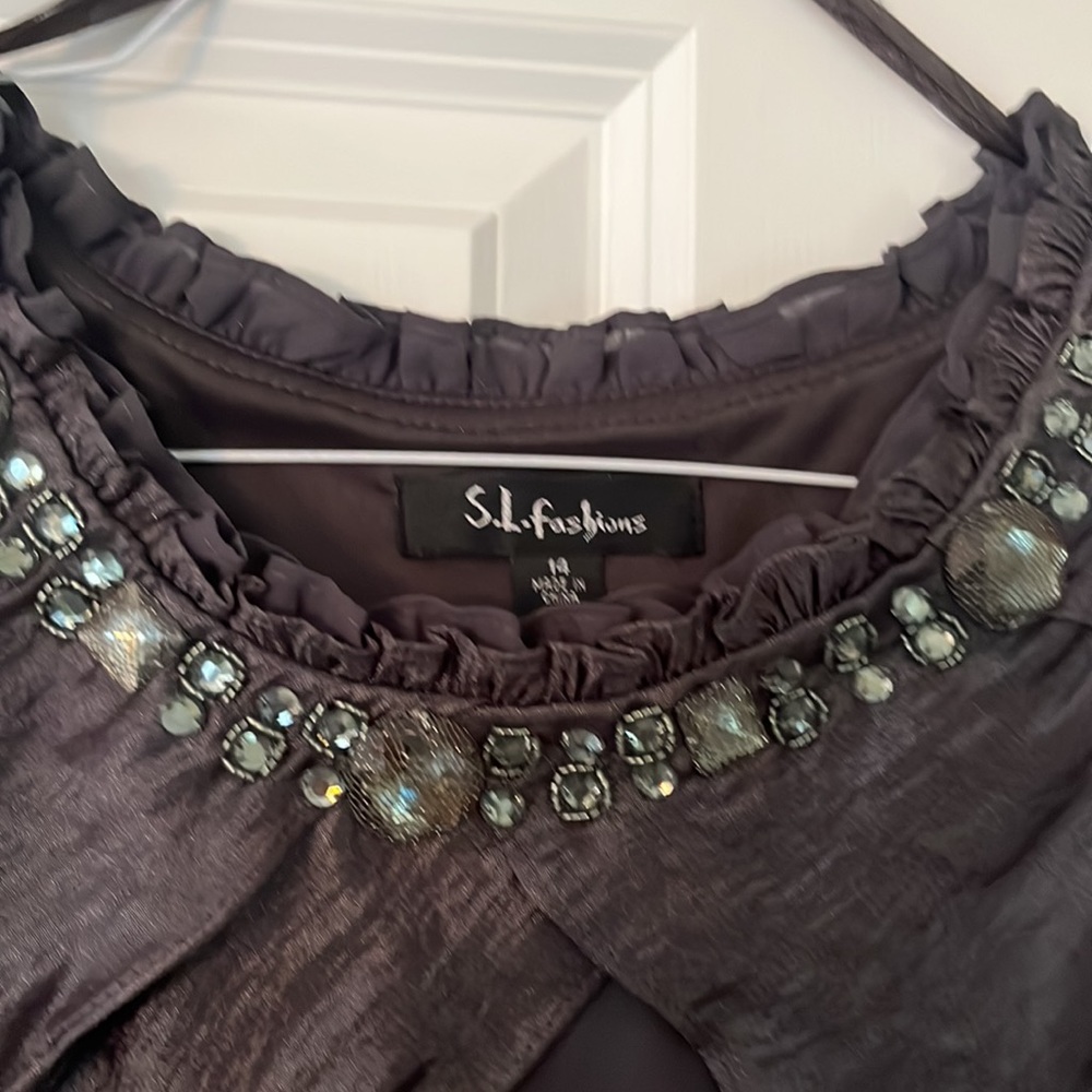 Size 14, dark gray, knee length layered dress.  Neckline beaded. - Picture 2 of 4